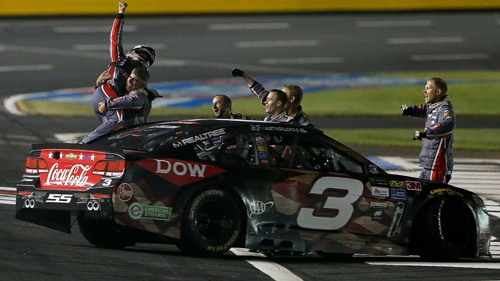 Austin Dillon's team celebrates a win at Charlotte