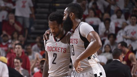 HOUSTON TX- MAY 7 Patrick Beverley #2 and James Harden #13 of the Houston Rockets talk during the game against the San Antonio Spurs in Game Four of the Western Conference Semifinals of the 2017 NBA Playoffs