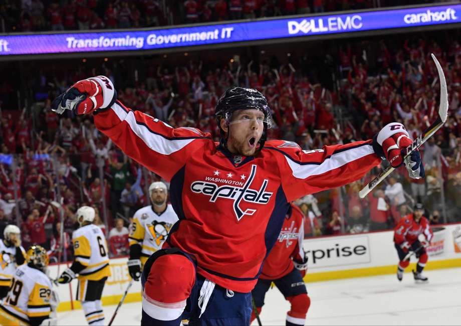 Capitals center Evgeny Kuznetsov celebrates a goal during the third period of Game 1 with a bird move he borrowed from the FIFA video game