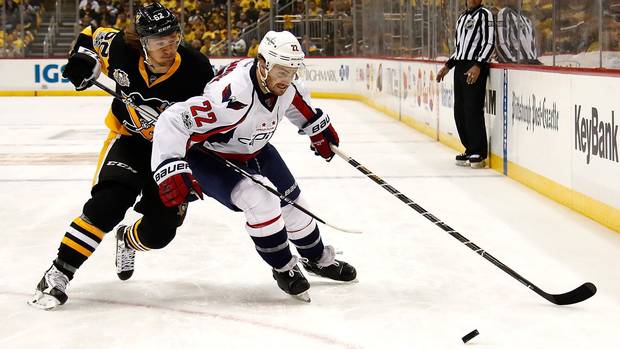 Kevin Shattenkirk #22 of the Washington Capitals skates against Carl Hagelin #62 of the Pittsburgh Penguins in Game Six of the Eastern Conference Second Round during the 2017 NHL Stanley Cup Playoffs at PPG PAINTS Arena