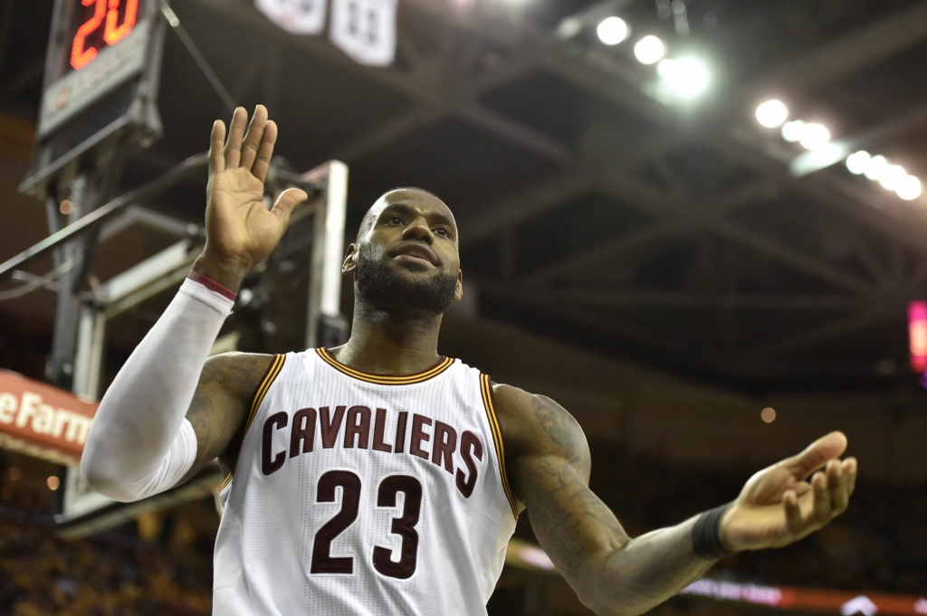 Cleveland OH USA Cleveland Cavaliers forward Le Bron James reacts in the third quarter against the Toronto Raptors in game two of the second round of the 2017 NBA Playoffs at Quicken Loans Arena. Mandatory Credit David Richard-USA TOD