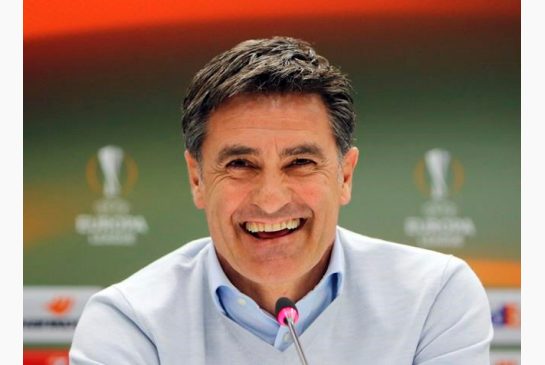 Marseille's Spanish coach Jose Miguel Gonzalez Michel smiles during a press conference at the Velodrome stadium in Marseille southern France. Real Madrid enters the final round of the Spanish league