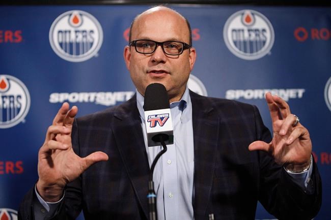 Edmonton Oilers general manager Peter Chiarelli speaks to the media during the Oilers&#39 end-of-the-year press conference in Edmonton Alta. on Sunday