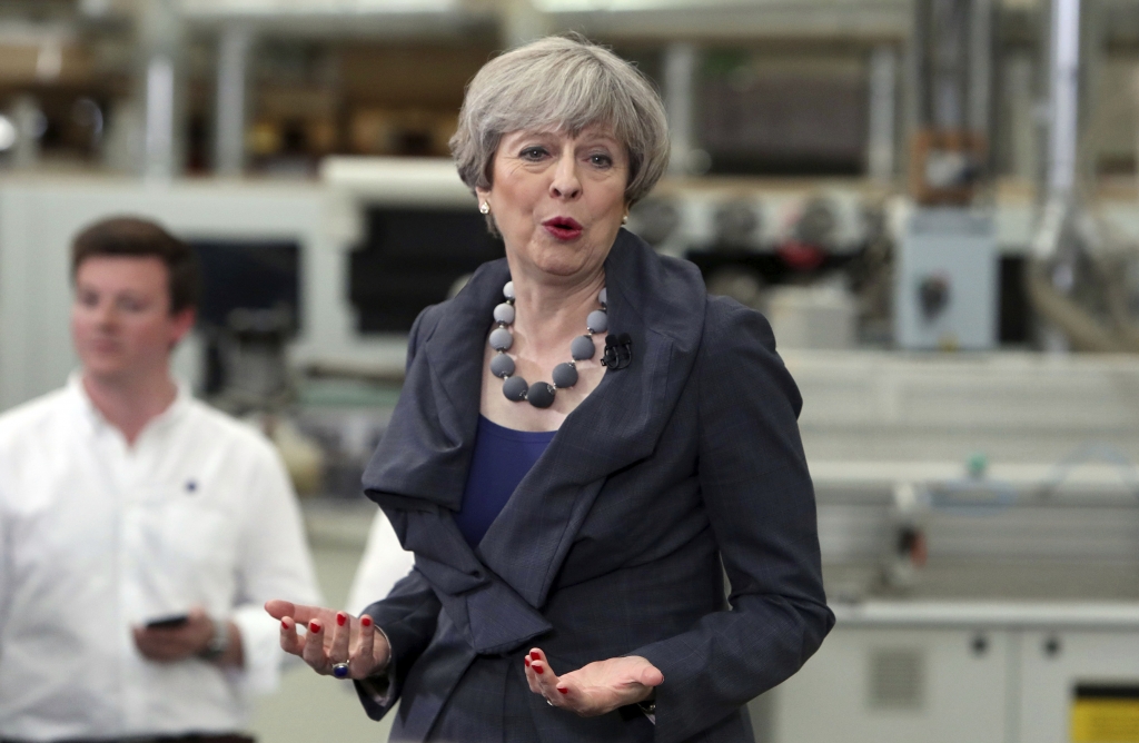 Britain's Prime Minister and Conservative party leader Theresa May delivers a speech at Ultima Furniture while on the General Election