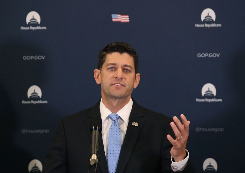 US Speaker of the House Paul Ryan speaks to the media about the Dodd Frank Act after attending the weekly House Republicans party conference on Capitol Hill