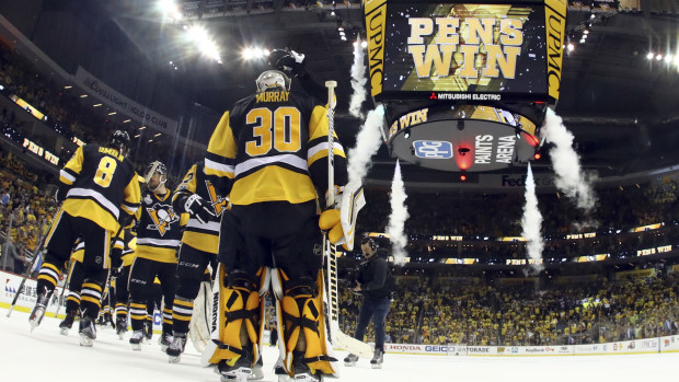 Pittsburgh Penguins goalie Matt Murray and teammates celebrate their 6-0 win over the Nashville Predators in Game 5 of the Stanley Cup Final Thursday night in Pittsburgh