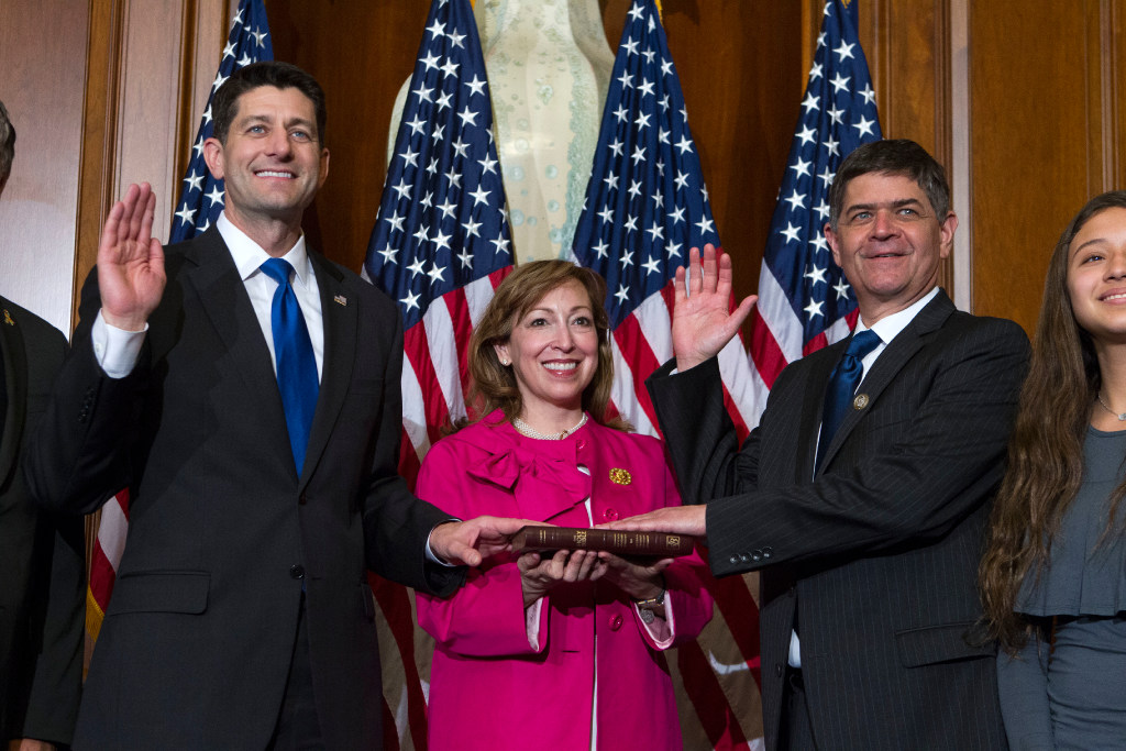 House Speaker Paul Ryan administers the House oath of office to Rep. Filemon Vela Jr. D-Texas during a mock swearing in ceremony on Capitol Hill in January