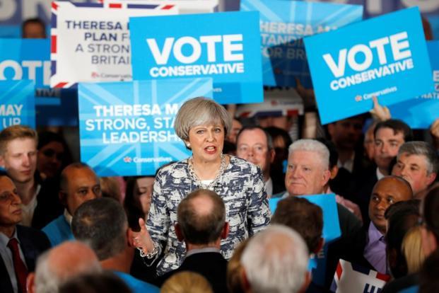 Britain’s Prime Minister Theresa May speaks at an election campaign event in Solihull on Wednesday