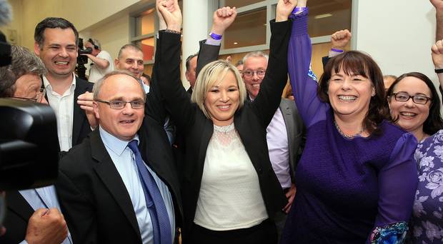 Michelle Gildernew celebrating with Barry Mc Elduff and Michelle O'Neill at the election count at Omagh Leisure Complex Omagh for West Tyrone and Fermanagh & South Tyrone