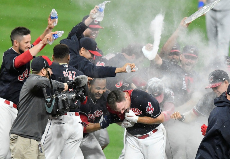 Sep 14 2017 Cleveland OH USA Cleveland Indians right fielder Jay Bruce is congratulated after his game-winning RBI doub