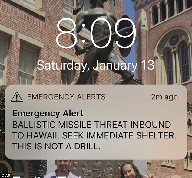 This smartphone screen capture shows a false incoming ballistic missile emergency alert sent from the Hawaii Emergency Management Agency system on Saturday