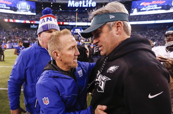 Former Giants defensive coordinator Steve Spagnuolo with Eagles head coach Doug Pederson