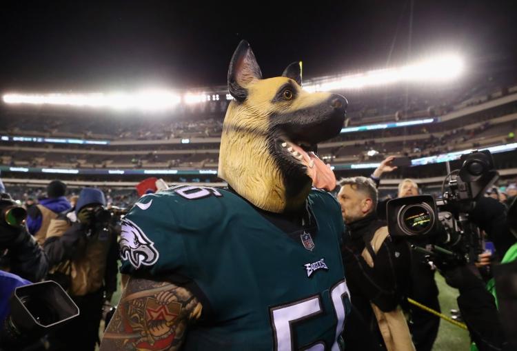 Lane Johnson and Chris Long wore dog masks to celebrate their victory as underdogs against the Falcons