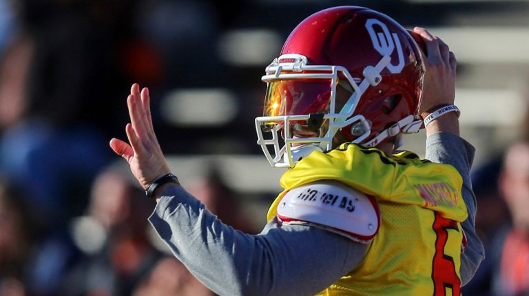 North quarterback Baker Mayfield of Oklahoma throws