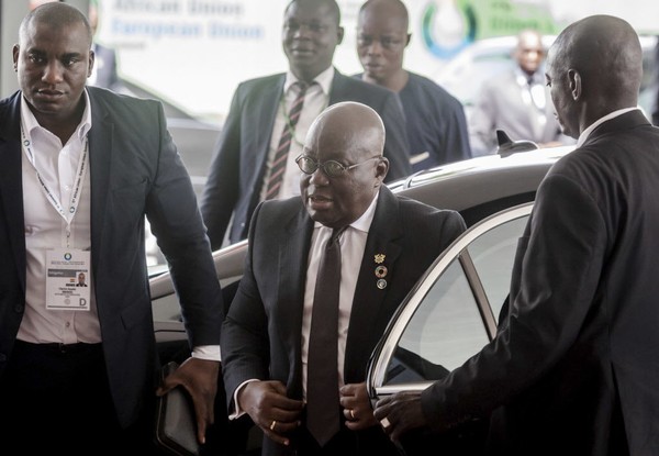 Ghana's president Nana Akufo-Addo center arriving for a summit in Abidjan Ivory Coast on Nov. 29 on Saturday denied U.S. President Donald Trump's assertion that African nations such as his Haiti and El Salvador are's--hole countries. He called