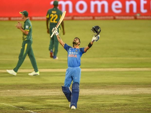 Virat Kohli celebrates after getting his 100 runs during the Sixth ODI cricket match between South Africa and India in Pretoria