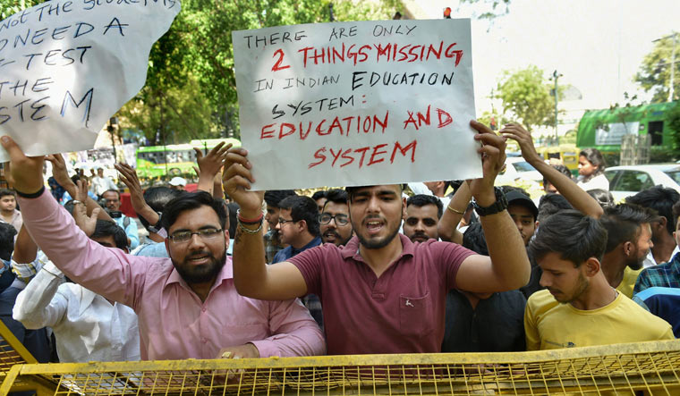 CBSE students protest over the alleged paper leak at Jantar Mantar in New Delhi | PTI