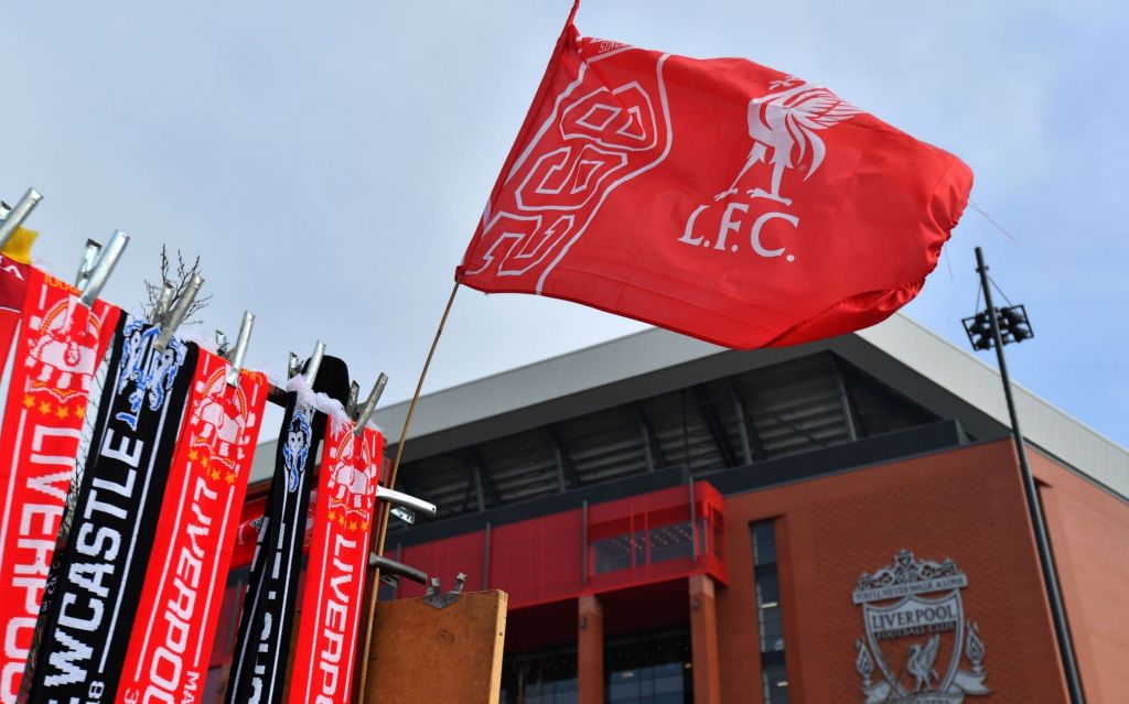 A general view of merchandise outside Anfield during the Premier League match at Anfield Liverpool