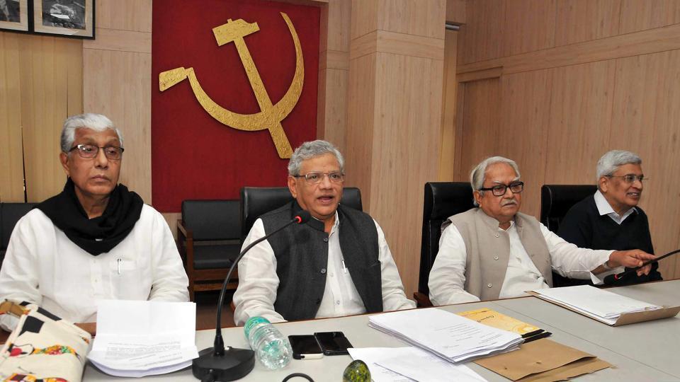 Tripura longest serving chief minister Manik Sarkar CPI leader Sitaram Yechury Left Front chairman Biman Bose and former CPI general secretary Prakash Karat during the party's central committee meeting in Kolkata in January 2018