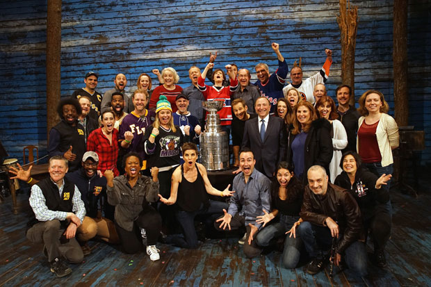 The cast of Come From Away welcomes NHL commissioner Gary Bettman and the Stanley Cup to Broadway's Schoenfeld Theatre