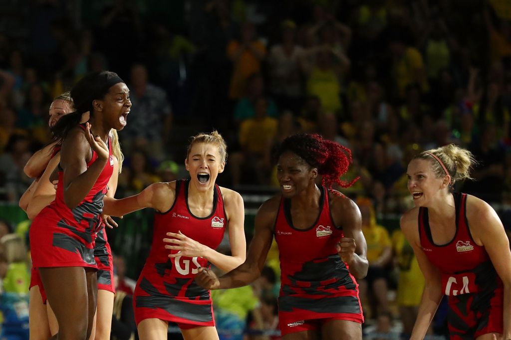 GOLD COAST AUSTRALIA- APRIL 15 England celebrate victory in the Netball Gold Medal Match on day 11 of the Gold Coast 2018 Commonwealth Games at Coomera Indoor Sports Centre