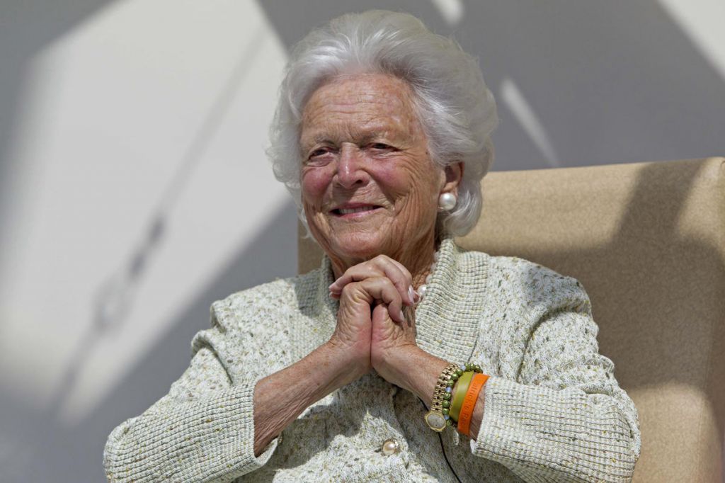 ATTENTIVE Former first lady Barbara Bush listens to a patient’s question during a visit in 2013 to the Barbara Bush Children’s Hospital at Maine Medical Center in Portland Maine