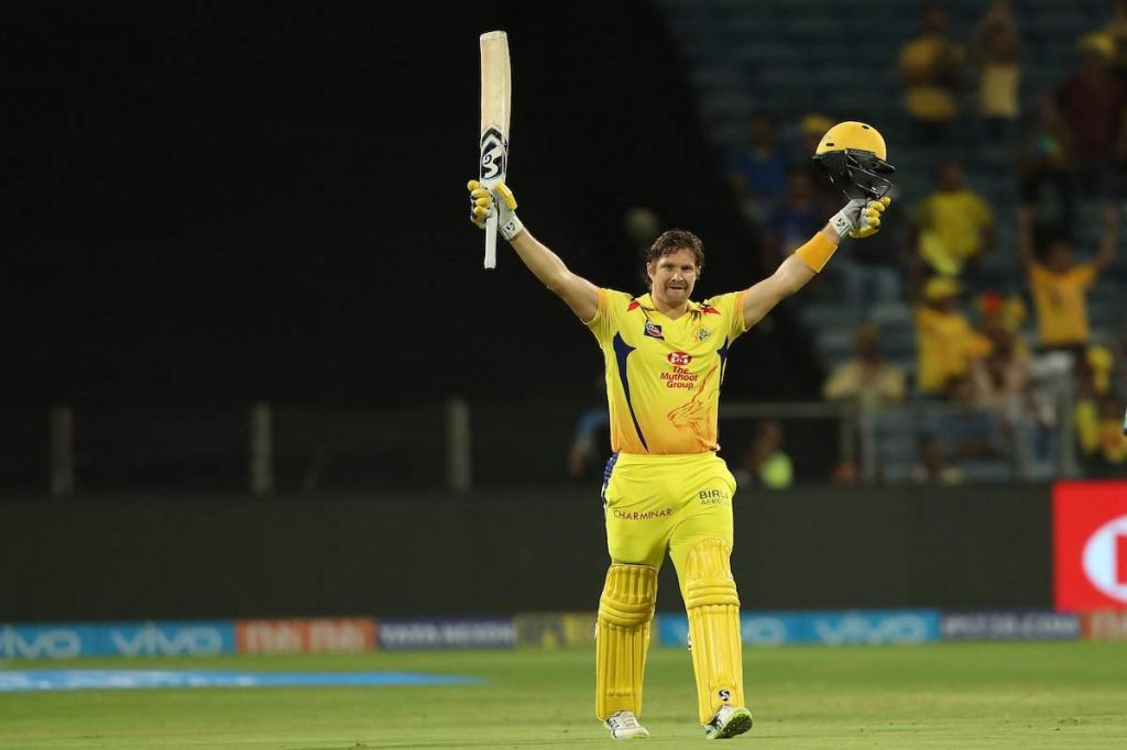 Shane Watson raises his bat after scoring a century against Rajasthan Royals in the IPL 2018