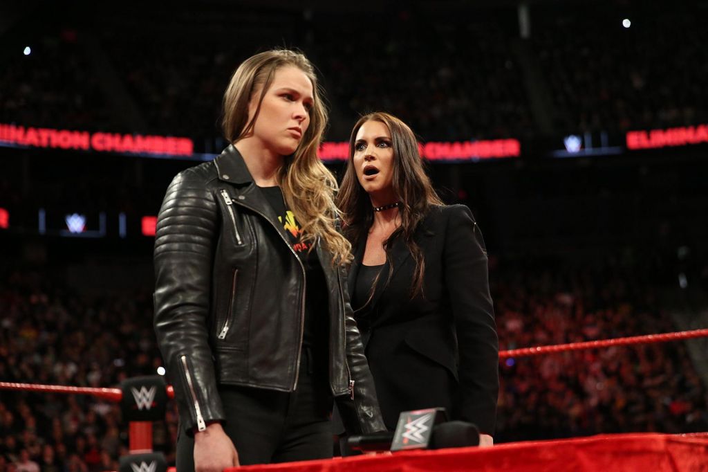 Stephanie McMahon right is excited for the prospect of her match with Ronda Rousey on Sunday. Image courtesy of WWE