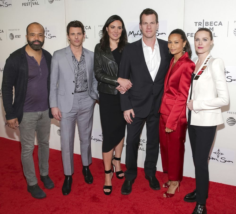 Actors Jeffrey Wright from left James Marsden series co-creators Lisa Joy Jonathan Nolan actresses Thandie Newton and Evan Rachel Wood attend a screening