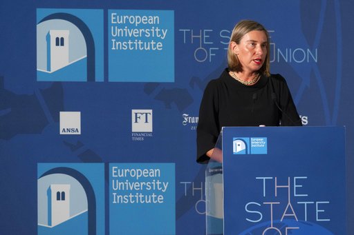 European Union foreign policy chief Federica Mogherini delivers her speech during the State of the Union conference organized by the European University Institute in Florence Italy Friday