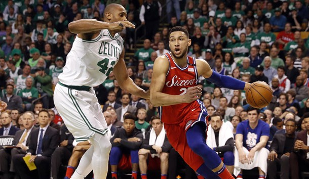 Apr 30 2018 Boston MA USA Philadelphia 76ers guard Ben Simmons drives to the basket on Boston Celtics forward Al Horford during the second quarter of game one of the second round of the 2018 NBA Playoffs at TD Garden