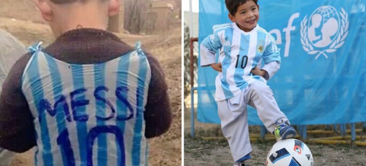 Afghan boy with homemade Messi jersey scores a real one