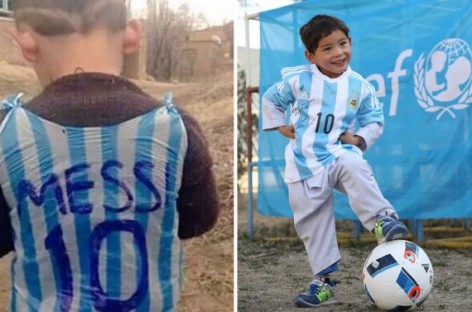 Afghan boy with homemade Messi jersey scores a real one