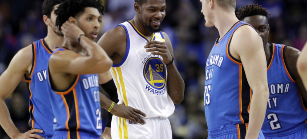 Durant scores 40 against former team, but West breaks thumb