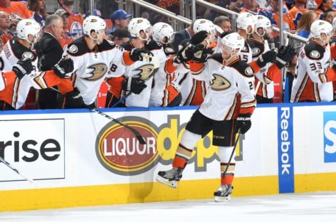 Larsson leads Oilers past Ducks 5-3 in wild series opener