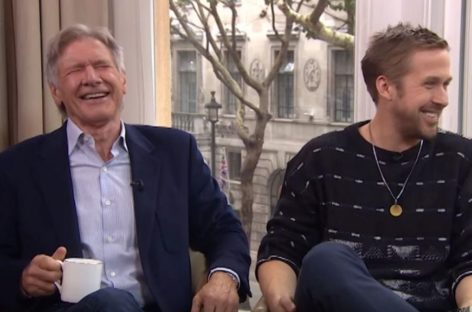 Harrison Ford, Ryan Gosling can’t stop laughing in boozy British interview